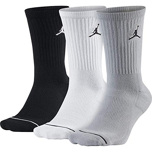 Nike Unisex Jordan Jumpman Crew Socks (3 Pack) Black/White/Wolf Grey (Men's Shoe Size 8-12)
