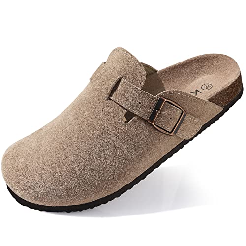 KIDMI Women's Suede Clogs Leather Mules Cork Footbed Sandals Potato Shoes with Arch Support Taupe 41 (Size 9-9.5)