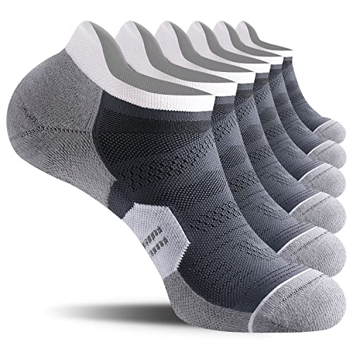 CelerSport 6 Pack Men's Running Ankle Socks with Cushion, Low Cut Athletic Tab Socks, Grey, Large